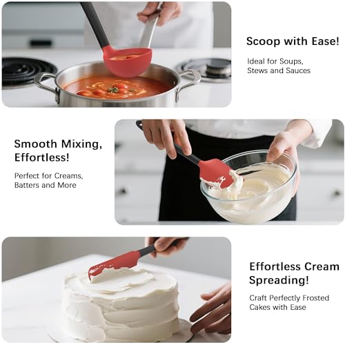 Coukre Silicone Kitchen Cooking Utensils Set, Heat Resistant, 14-Piece - color: Red