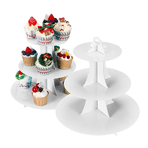 YLDW Cupcake Stand, 3-Tier Cupcake Stand Display, Cardboard Cup Cake Tower Stand, Disposable Dessert Stand for Birthday Tea Party Baby Shower Treat Decorations, White - color: White