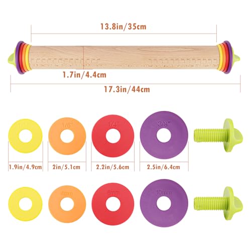 17Inch Wooden Rolling Pin, Rolling Pin with 4 Adjustable Thickness Ring, Graduated Rolling Pin for Baking, Fondant, Pizza, Crust, Cookies, Pastry