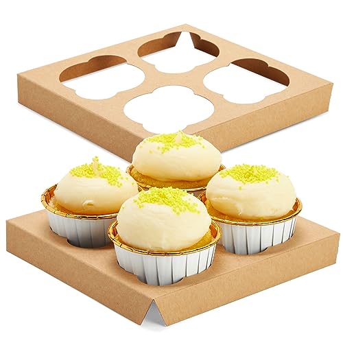 Juvale Cupcake Boxes - 6 x 6 in, 24 Count, Brown - 4-Cup Insert & Clear Window Cupcake Containers & Muffin Boxes