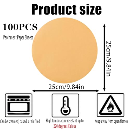 WMDDIAN100 Pack 10" Round Parchment Paper Sheets - Non-Stick Baking Liners for Air Fryer, Oven & BBQ - Heat Resistant, Disposable, Unbleached for Pizza, Cake, Pan