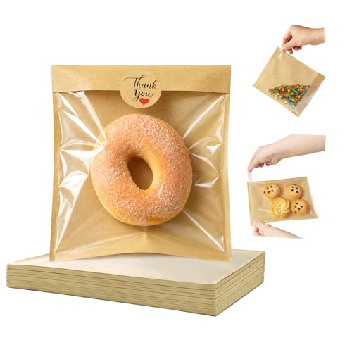 100 Pack Self Sealing Cookie Bags with Seal, 7.1x7.5 Inch Kraft Paper Bakery Bags with Window, Grease Resistant To Go Sleeves for Bake Sale Pastry, Brownie, Treat, Baked Goods Packaging - size: 7.1" x 7.5"
