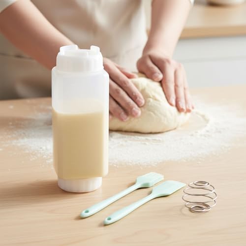 Pancake Batter Dispenser Bottle with Mixing Balls, Clear Measuring Squeeze Container, Leakproof Cap,Batter Mixer Tool for Waffles, Crepes, Cupcakes with Spatula and Brush - Rounded