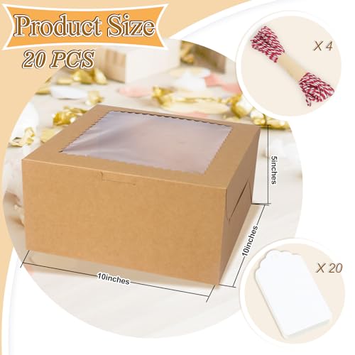 20Pcs 10 Inch Cake Boxes with Window, 10x10x5 In Brown Bakery Box - color: Brown, size: 10x10x5 Inch