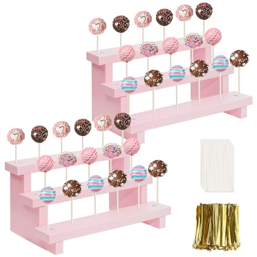 Wood Cake Pop Stands, 3 Tier Lollipop Holders with Twist Ties Lollipop Sticks, Sucker Display Riser for Dessert Table of Wedding Birthday Party (Pink-2P-17 Hole) - color: Pink-2P-17 Hole