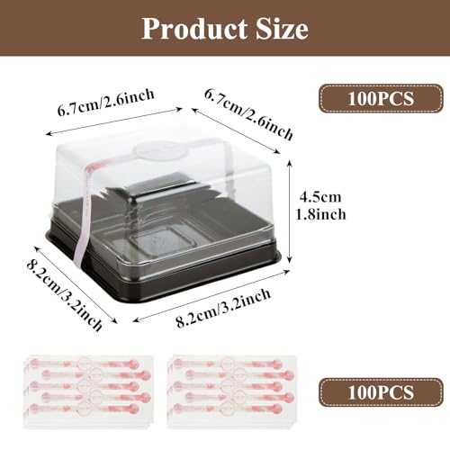 100Pcs Clear Cake Box 3.5 Inch Mini Cake Box with DIY Stickers, Clear Plastic, Individual Cupcake Containers for Mini Cake