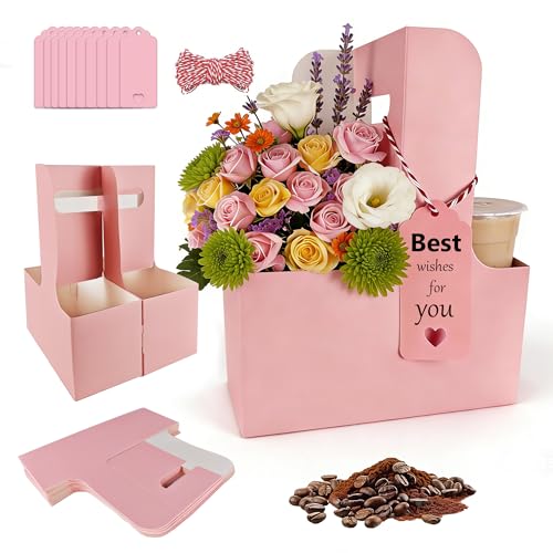 15 Pack Pink 2 Cup Drink Carrier with Handle, Disposable Cardboard Coffee Cup Holder for Hot or Cold Drinks, Coffee Carrier with Ribbon & Card for Food Delivery, Takeout and Bouquet Arrangement - size: 15