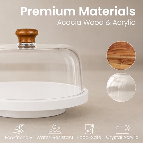 Rotating Acacia Wood Cake Stand with Lid Anti-Mold 12 Inch - 2-in-1 Wooden Charcuterie Board - Covered Dessert Plate with Acrylic Dome - Vintage Pastry Display - Tall Domed Serving Stand Platter - White - color: R - White