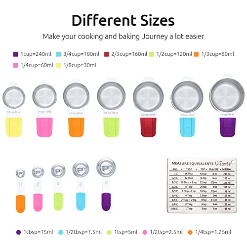 Measuring Cups, U-Taste Magnetic Measuring Cups and Spoons Set of 13 in 18/8 Stainless Steel: 7 Measuring Cups and 5 Measuring Spoons with 1 Professional Magnetic Measurement Conversion Chart - color: Clear