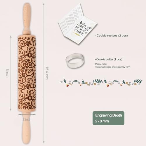 Floral Reindeer Embossed Rolling Pins for Cookies, Wooden Engraved Rolling Pin for Baking, Embossing Rolling Pin with Design, Patterned Rolling Pin Decorative Springerle Mold Stamp Clay Pattern Roller - color: Floral Reindeer