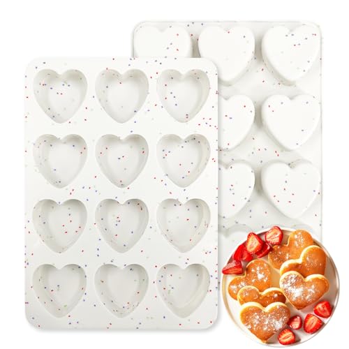 2 Inch Small Heart Shaped Silicone Molds, 12-Cup Cavity Baking Pan for Valentine's Day Muffins, Cupcakes, Chocolate, Tartlets, Egg Bites 2 Pack