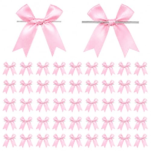 50 Pcs Twist Tie Bows for Treat Bags and Gift Wrapping, Pink - color: Pink