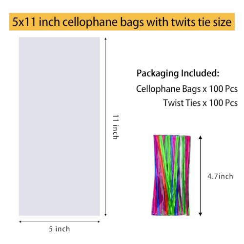 Nobranded 100 pcs Clear 5X11in Cello Cellophane Bags Poly Treat Bags 1.4 Mil for Gift Wrapping, Bakery, Cookie, Candies, Toast, Dessert, Party Favors Packaging with Color Twist Ties - size: 5x11 Inch (Pack of 100)