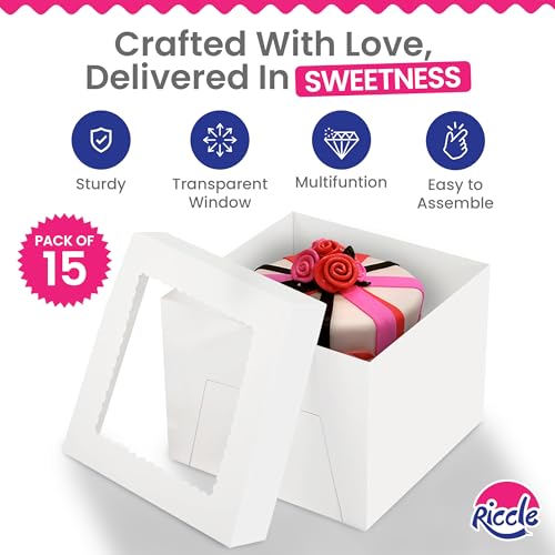 RICCLE 15pcs Cake Boxes, 10x10x8 Inches Tall Cake Box with Window, Large White Bakery Boxes, Baking Boxes, Square Cardboard Cake Box for Multi-Layer Cakes, Cake Decorating Supplies, Valentines Day - size: 15 PCS - 10×10×8