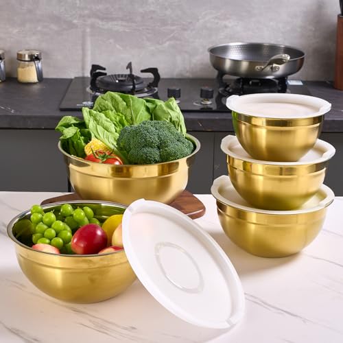 Gold Mixing Bowls with Airtight Lids, Stainless Steel Nesting Mixing Bowls Set of 5, Ideal for Baking, Prepping and Serving Food, Size 5.5, 3.6, 2.7, 2.1, 1.5, QT, Stackable Design - color: Gold, size: 5 Pieces