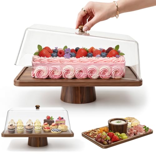 Medium 14" Acacia Wood Cake Stand with Square Lid, 2-in-1 Rectangular Dessert Table Display Set & Charcuterie Board, Shatterproof Acrylic Cover Serving Tray, Cupcake Stand - size: 14" Acacia Cake Stand