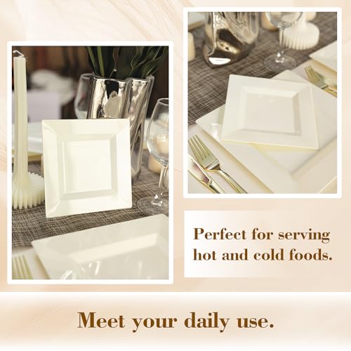 100 Pack Ivory Plastic Square Dessert Plates, 6.5" Disposable Salad Plates - color: Ivory