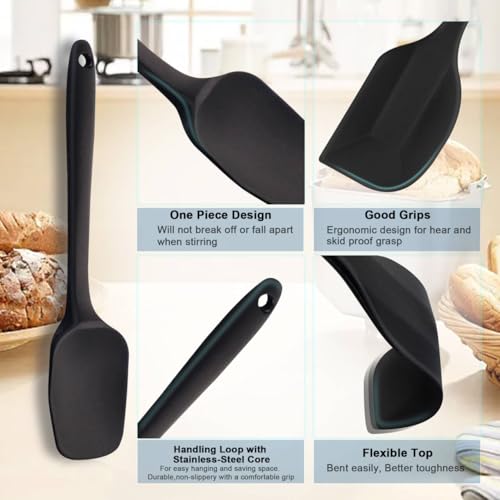 Silicone Spatula Set 6 Pack Food Grade Kitchen Utensils with Silicone Brush - color: Black