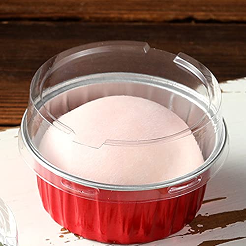 DEAYOU 100 Pack Aluminum Foil Cupcake Liners with Lids, 5oz Round Ramekin Baking Cups, Disposable Tart Pie Tin Pan Holder, Mini Cake Containers for Pudding, Party, Wedding, Oven Freezer Safe, Red