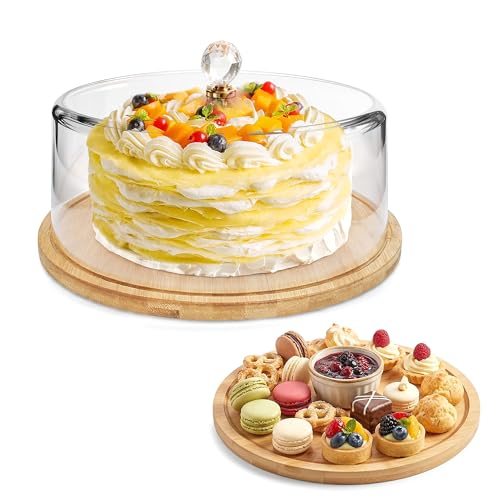 Cake Stand with Lid 12.8in Bamboo Cake Plate with Dome Cover Cake Display Server Tray Holder for Birthday Party Kitchen Weddings Baking Gifts