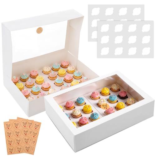 Fuutreo 10 Pack Mini White Cupcake Boxes with Window 16 x 11 x 4 Inches 24 Count Auto Pop up Large Cookie Boxes Cupcake Containers with Thank You Label Stickers for Muffins Pastries Donuts Cookies - size: Small size