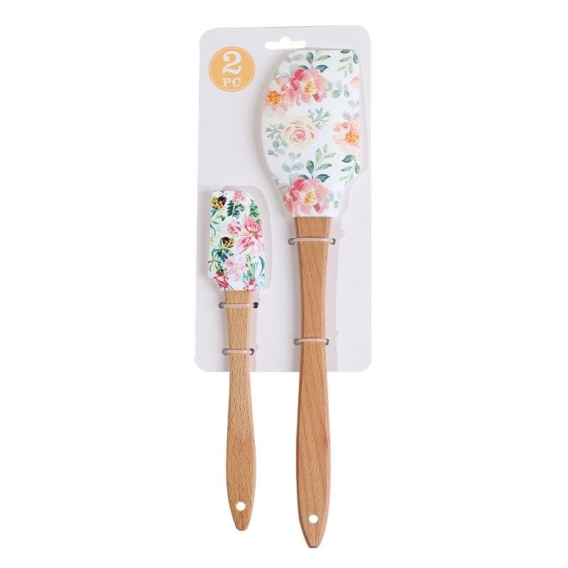 2PCS Silicone Spatula Set, Heat Resistant Baking Spatulas Food Grade Silicone Scraper Spatula for Mixing, Cooking, and Baking, Non-Stick Rubber Jar Spatulas with Hanging Hole Moderately Soft and Firm - color: Wildflowers