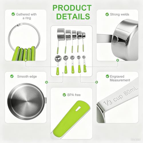 Bopei 10-Pcs Stainless Steel Measuring Cups & Spoons Set, Green Handles - color: Green