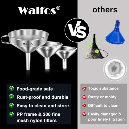 Stainless Steel Funnel, Walfos 3 Different Sizes of Kitchen funnels with 2 Removable Strainer ＆ 1Pcs Cleaning Brush, for Transferring of Liquid, Oils, Jam, Powder - color: 3pcs 5in+4in+3in Stainless Steel