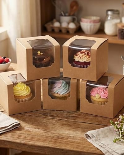 qiqee Brown Auto-pop up Cupcake Boxes Individual Cupcake 3.5x 3.5x 3.5inch 200pcs Single Cupcake Boxes - color: Brown, size: 200Pcs, 35Mini