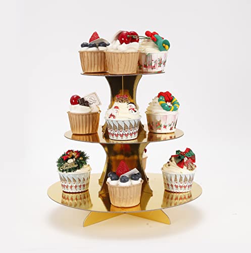 YLDW Cupcake Stand, 3-Tier Cupcake Stand Display, Cardboard Cup Cake Tower Stand, Disposable Dessert Stand for Birthday Tea Party Baby Shower Treat Decorations, Mirror Gold - color: Mirror Gold
