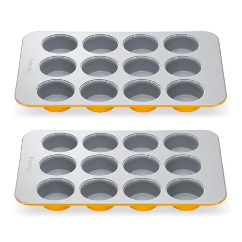 Caraway Non-Stick Ceramic-Coated 12-Cup Muffin Pan Duo - color: Marigold, size: 2x Muffin Pan (12 Cup)