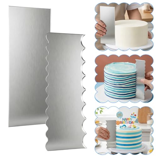 Xinjoduz 2 PCS Stainless Steel Metal Cake Scraper Smoother, 8.7" Double Sided Patterned Stripe Edge Icing Smoother Scraper Cake Decorating Supplies for Frosting Butter Mousse Cream Decoration