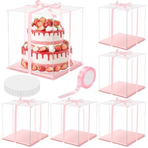 Watersay 6 Pack 12''x12''x13'' Pink Cake Box with Cake Boards and Ribbon - color: Pink, size: 12''x12''x13''