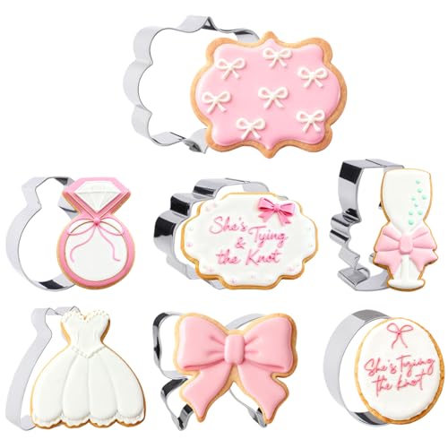7 Pieces Bow Knot Bridal Shower Cookie Cutters Set - Stainless Steel Cookie Biscuit Cutting Molds for Women Diamond Ring Wedding Dress Wedding Party DIY Craft Home Baking Supplies