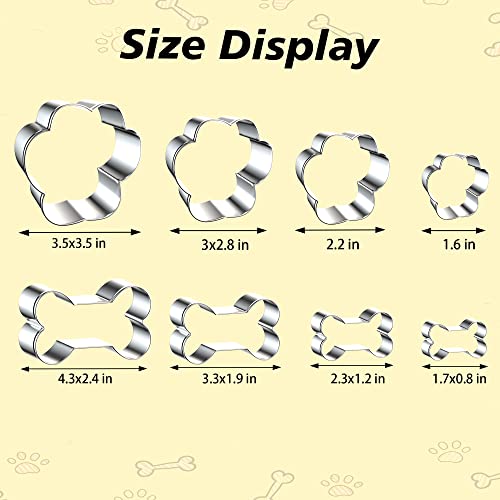 8PCS Dog Bone and Dog Paw Print Cookie Cutters Set, Stainless Steel Metal 4 Sizes Dogs Bone Paw Shape Cookie Cutter, Dogs Theme Party Cookie Cutter Molds for Homemade Treats Baking - color: Dog Bone & Dog Paw