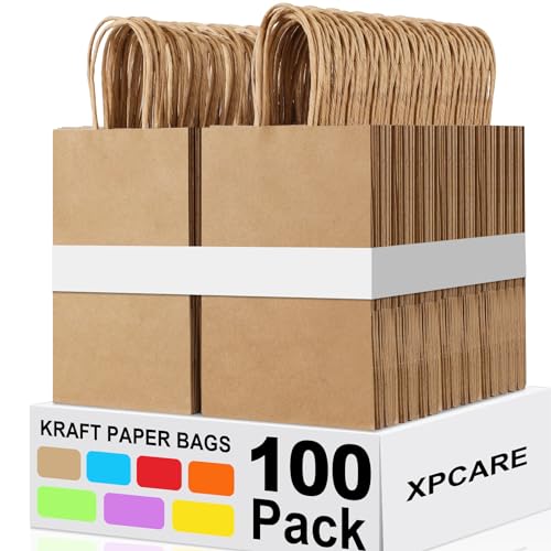 XPCARE Brown Paper Bags with Handles, 100Pcs 5.25x3.25x8.25'' Kraft Bags - color: Brown, size: 100 Count (Pack of 1)