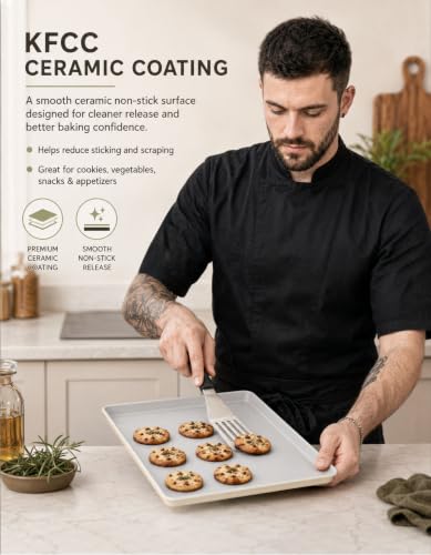 Boxiki Kitchen Ceramic Baking Sheet 15" x 10" Quarter Sheet Pan - KFCC Korean Ceramic Nonstick Cookie Sheet, Heavy Duty Aluminized Steel Baking Tray, Oven Safe to 550°F, For Cookies & Vegetables - color: Ceramic Quarter Sheet Light Grey