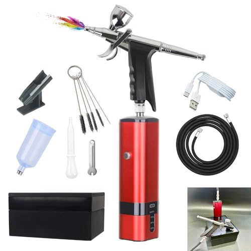 I-BEAUTEE Portable Cordless Airbrush Kit with Compressor, high air Flow Handheld Mini Air Brush Gun Set,Trigger Type High Pressure Air Brush for Painting, Nail Art, Cake, Barber,Model,T-Shirt DIY - color: Red