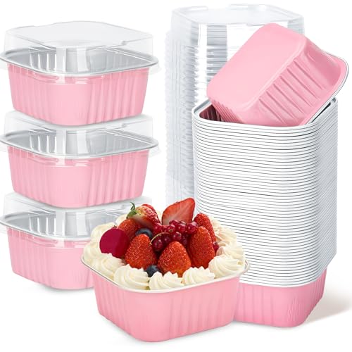 60Pack 5oz Pink Mini Cake Pans with Lids Baking Cups Aluminum Foil Pans Tins, Individual Dessert Cups Containers for Sales,Party,Picnics - color: Pink