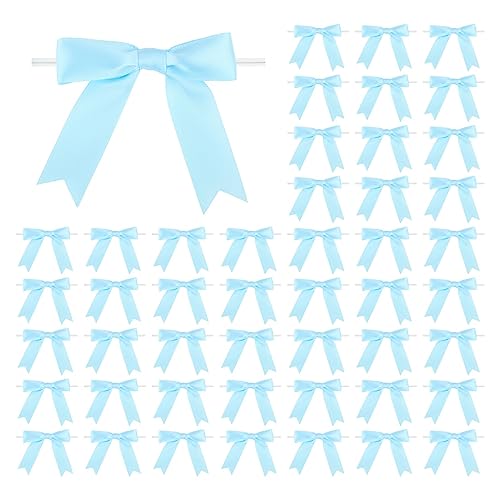 Meseey 50 Pcs 3 Inches Twist Tie Satin Ribbon Bows Baby Blue Pretied Premade Craft Bows for Treat Bags Gift Wrapping Basket Wedding Baby Shower Brithday Christmas Party (3", Baby Blue) - color: Baby Blue