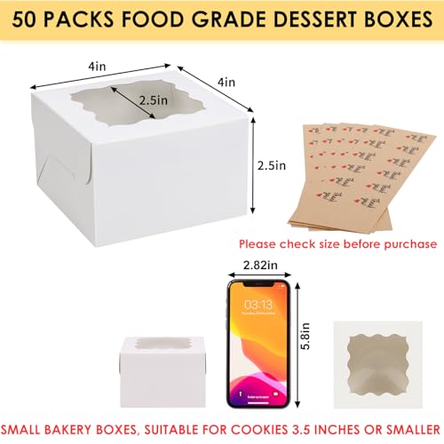 Moretoes 50pcs Small Cookie Boxes with Window, 4x4x2.5In White Bakery Boxes - color: White