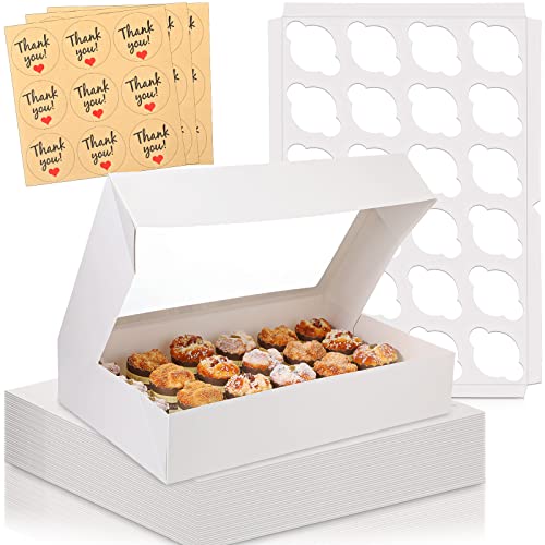 Fuutreo 10 Pack White Cupcake Boxes with Window 21 x 13 x 4 Inches 24 Count Auto Pop up Large Cookie Boxes Cupcake Containers with Thank You Label Stickers for Muffins Pastries Donuts Cookies - size: Large size