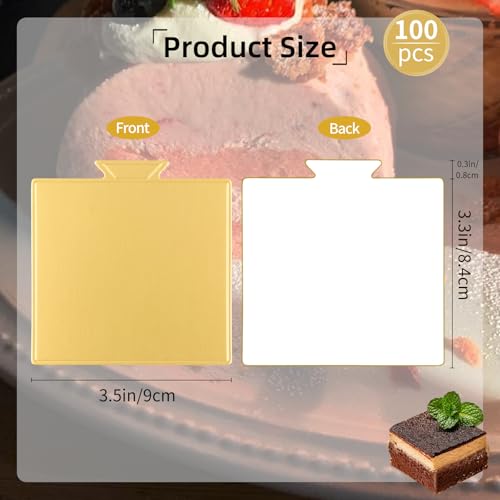 100 Pcs Mini Cake Boards 3.5 x 3.3 Inch,Gold Square Cake Cardboard Cupcakes Base for Desserts, Pastries, Mousse, Food Grade Disposable Cake Display Board for Wedding,Party Bakin,Birthday,Cake DIY - size: 3.5 x 3.3 Inch