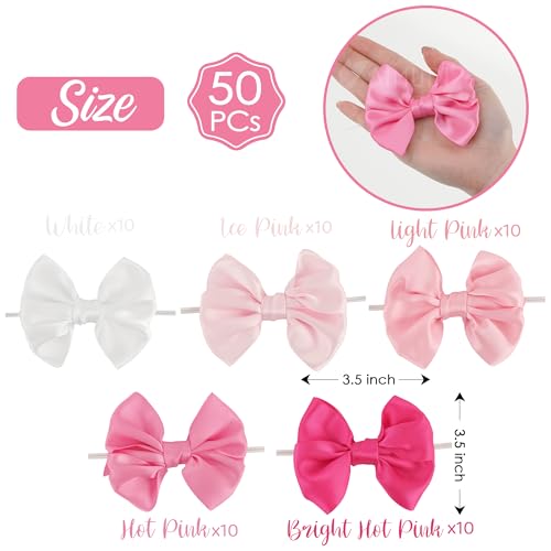 AIMUDI 5 Colors Pink Bows 3.5" Satin Bows with Twist Ties Bow for Gift Wrapping Crafts Treat Bags Candy Cake Pop Premade Bow for Wedding Baby Shower Birthday Party Mother's Day Decoration, 50 PCs - color: Pink Shade