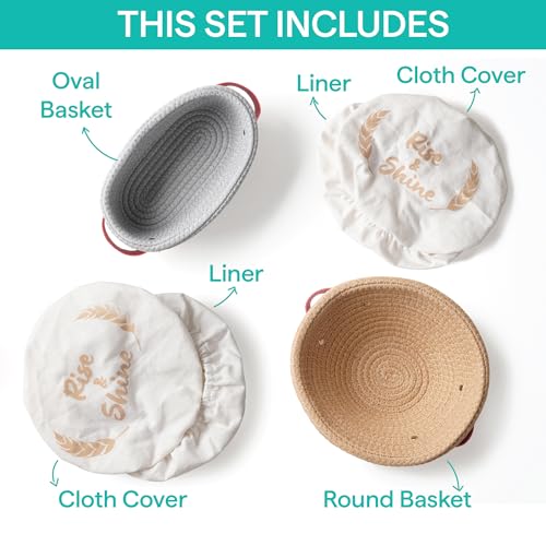 Baker's Secret Cotton Rope Banneton Bread Proofing Basket Set, Oval & Round Bread Baskets with Liners & Covers for Artisan Bread Baking, Sourdough Bread Baking Supplies - size: Oval and Round basket set