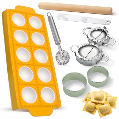 Ultimate Ravioli Maker Press & Dumpling Maker Kit - 10-Hole Ravioli Mold, Pasta Roller, Pastry Wheel & Pierogi Press - Stainless Steel Empanada Maker Machine & Pasta Making Tools for Kitchen (Round) - size: Round Shape