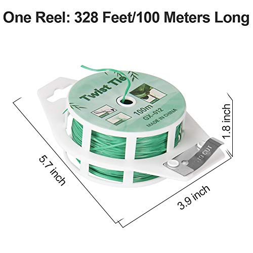 (2 Reels) Garden Wire, Twist Ties Heavy Duty with Cutter 328 Ft Multi-Function Green Coated Tape to Support Plant Tie Up Bags for Home Office (328 Feet / 100 m) - color: Green