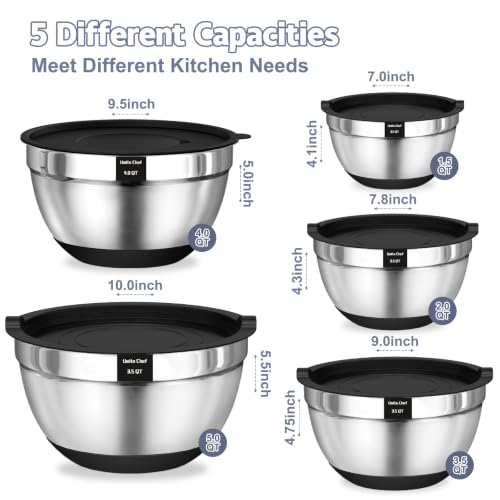 Umite Chef Large Mixing Bowls with Lids Set, 5QT Non-Slip Silicone Base - color: Black
