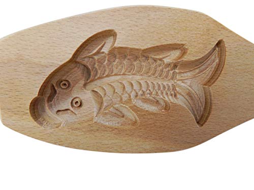 Needzo Traditional Wooden Moon Cake Mold, Gold Fish Shape For Biscuits, Muffins, Mid-Autumn Festival, 9 Inch