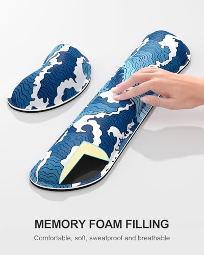 Large Mouse Pad with Wrist Rests for Keyboard & Mouse, Thick Soft Ergonomic Memory Foam Wrist Supports, Big & Long Desk Mat 35.5 x 15.7 in, for Office Gaming Computer, Blue Wave - color: Blue Japanese Wave